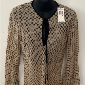 Max Studio 100% Silk Chic Patterned Blouse V neck with tie